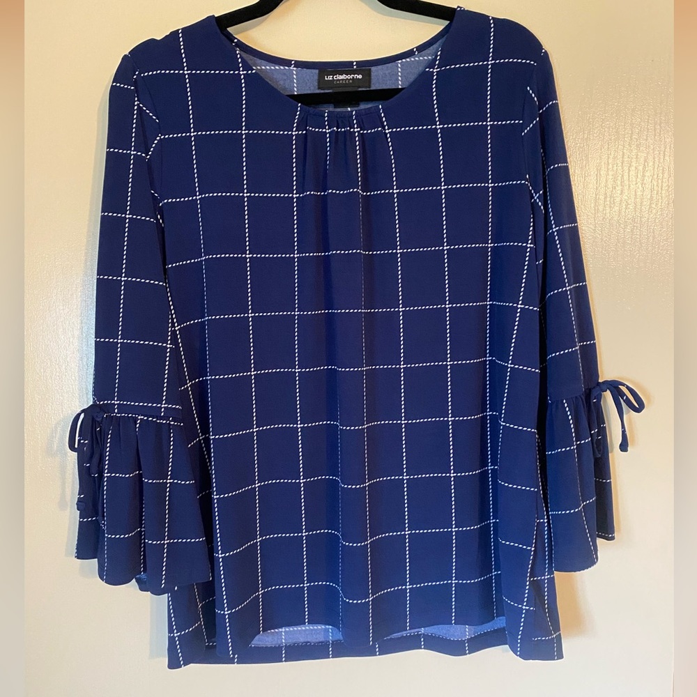 Liz Claiborne Career Navy Blouse Tie Sleeve Size Large
